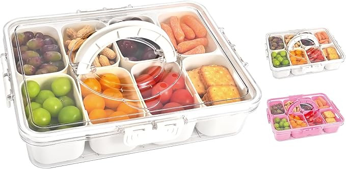Snackle Box Container, 8 Compartment Divided Serving Tray with Lid and Handle, Snack Box Containe... | Amazon (US)