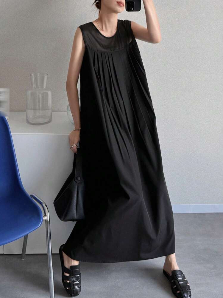 FRIFUL Women Sleeveless Patchwork Solid Color Round Neck Casual Dress, Urban Summer Holiday & Music Festival Outfit | SHEIN