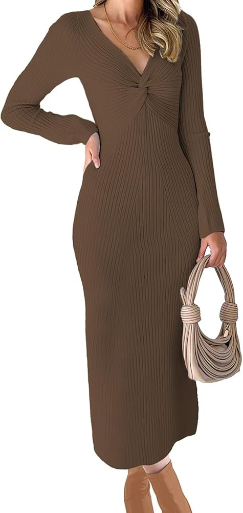 RAISECOM Women Sweater Dress Long Sleeve V Neck Knit Bodycon Midi Dress | Amazon (US)