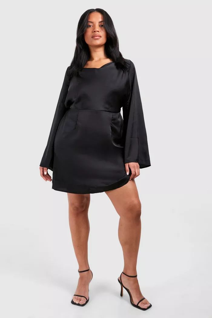 Plus Textured Cowl Flared Sleeve Mini Dress | boohoo (US & Canada)