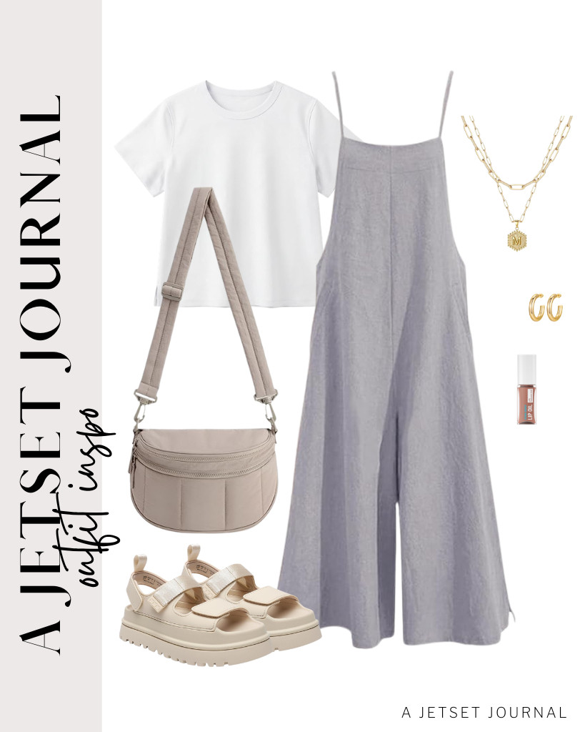 Another chic outfit idea is this combo: a gray jumpsuit with a white top, then DREAM PAIRS platform sandals. You can use a crossbody bum bag and accessorize with this classy necklace and earrings to complete the look.

#LTKSeasonal #LTKSaleAlert #LTKTravel 

 