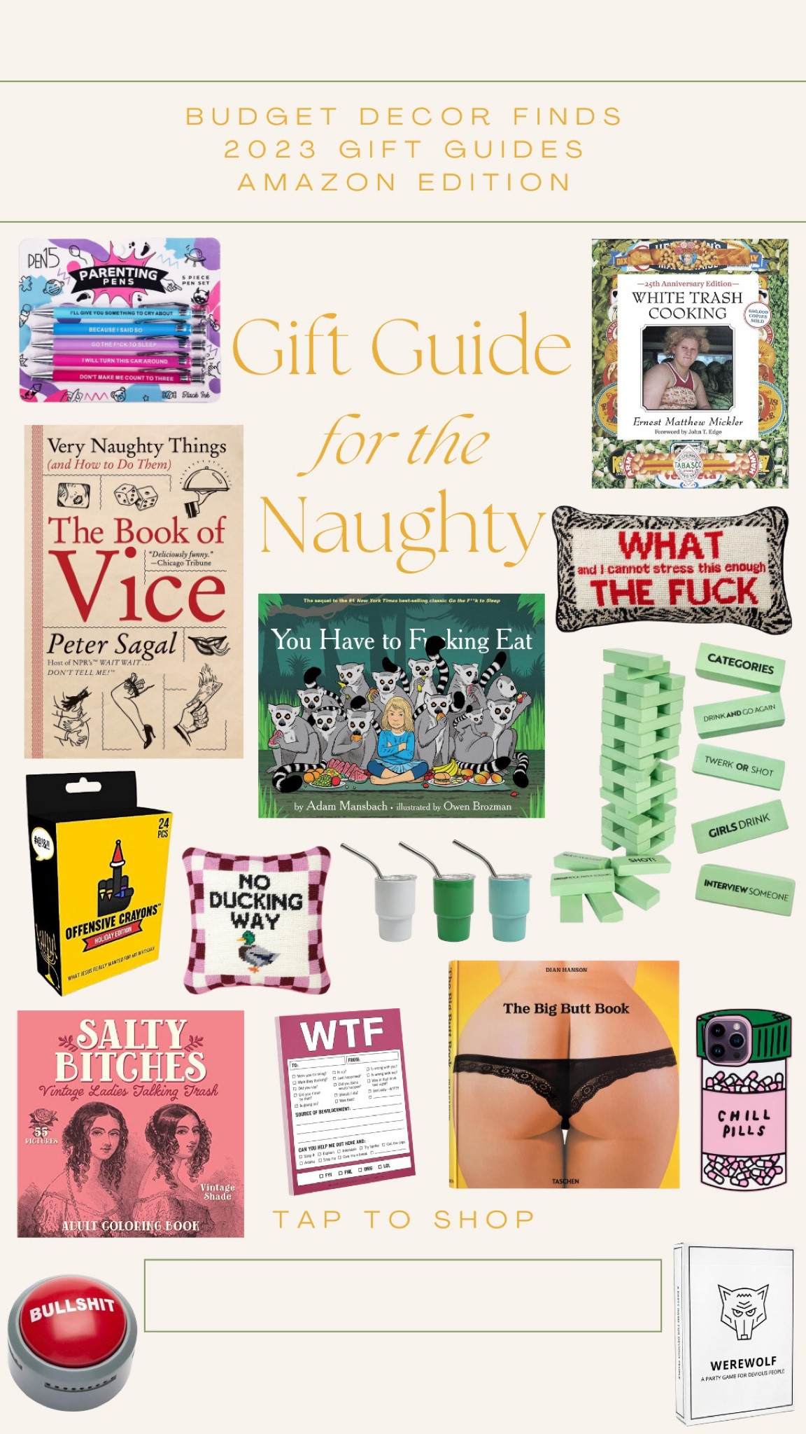 Get ready to sleigh your holiday gifting game with my collection for the naughty ones on your list! Dive into the hilarity with irreverent pillows, bad books, witty pens, and Stanley-like shot glasses. Spread the laughter and shop now for gifts that bring joy with a dash of mischief! 🎁😄 #NaughtyListGifts #HolidayHumor #FunnyGifts #ShopLaughs

#LTKGiftGuide #LTKHoliday #LTKHolidaySale
