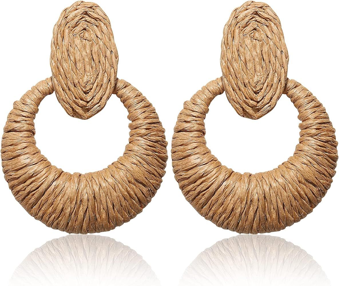 Rattan Earrings Boho Statement Raffia Earrings Handmade Straw Woven Wicker Drop Earring for Women... | Amazon (US)