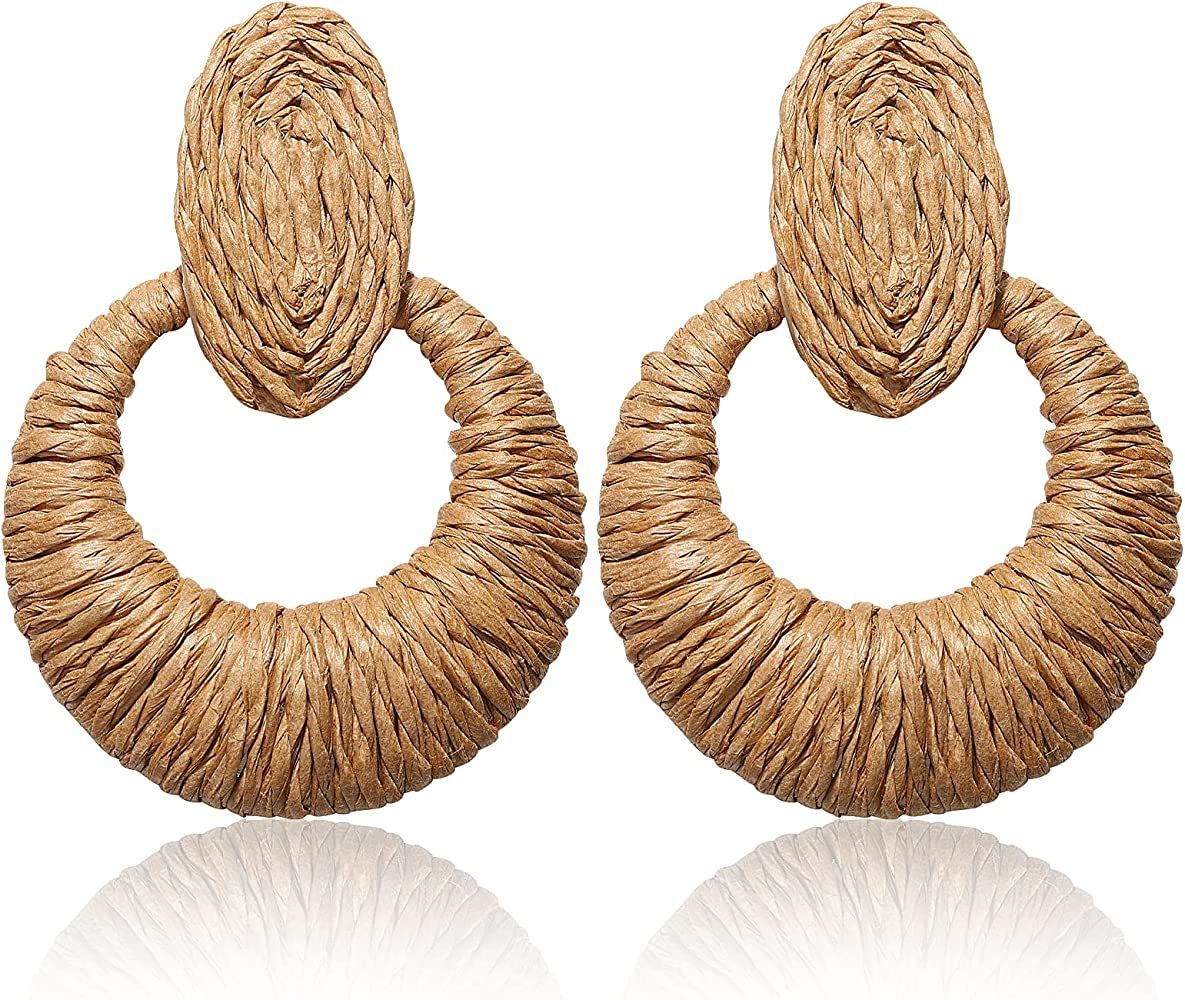 Rattan Earrings Boho Statement Raffia Earrings Handmade Straw Woven Wicker Drop Earring for Women... | Amazon (US)