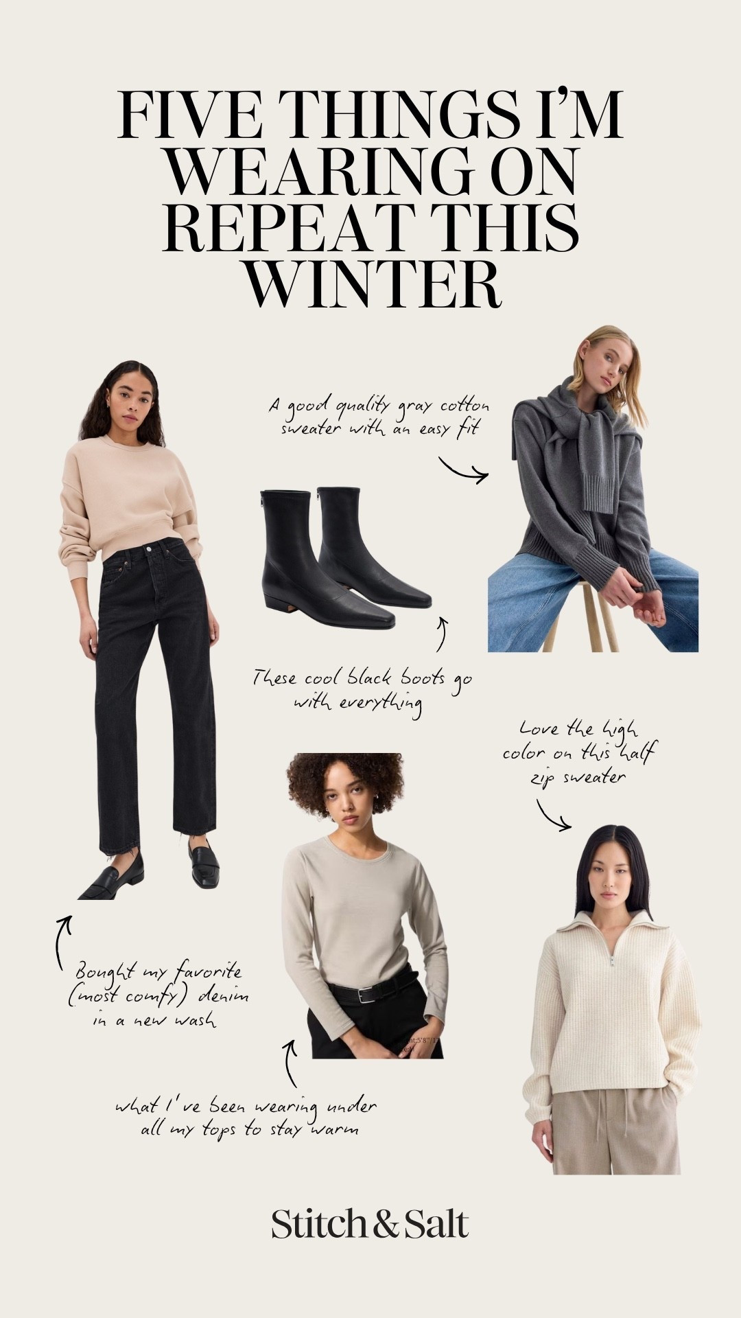 Five things I’m wearing on repeat this winter ❄️

Everlane gray cotton sweater, XS, TTS for a relaxed fit. Bared Footwear boots, TTS. Agolde denim, 24, I took my smaller size. Uniqlo Heattech shirt, XS, TTS for a slim fit. Everlane half zip sweater, XS, for a relaxed fit  

#LTKSeasonal #LTKOver40 #LTKPetite