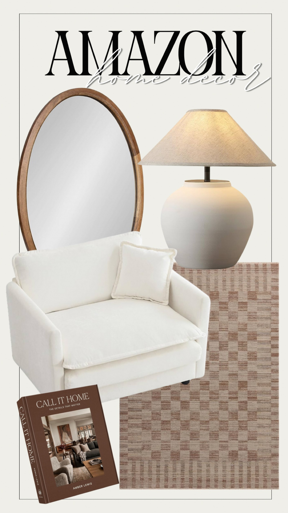 Amazon Home Decor 🤎✨

Neutral home decor, pottery barn lamp dupe, oval mirror, wooden frame mirror, oversized chair, checkered rug, Amazon rugs, area rug, minimal home decor style, simple home decorr

#LTKHome #LTKStyleTip #LTKSaleAlert