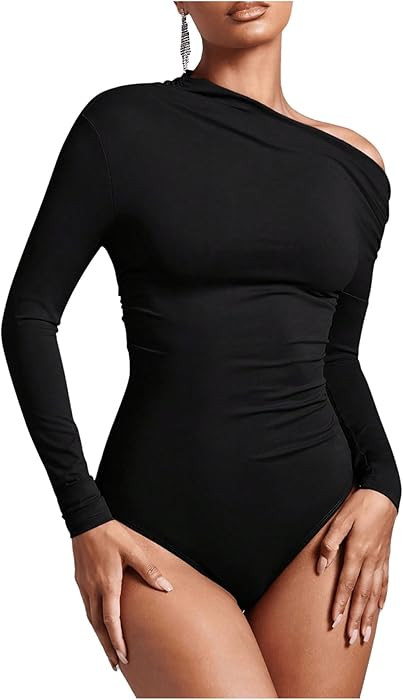 MakeMeChic Women's One Shoulder Bodysuit Casual Ruched Long Sleeve Leotard Tee Shirt Tops | Amazon (US)
