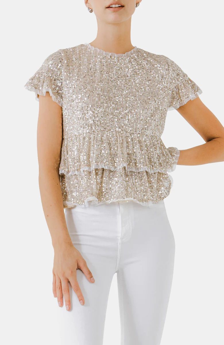 Sequins Baby Doll Top with Mesh | Lord & Taylor