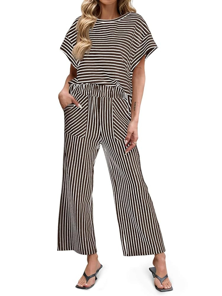 Tankaneo Womens Striped 2 Piece Sets Short Sleeve T Shirts Wide Leg Pants Matching Lounge Set wit... | Amazon (US)