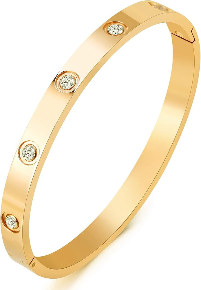 Jewelry 18 K Gold Plated Bangle Bracelet CZ Stone Hinged Stainless Steel with Crystal Bangle for ... | Amazon (US)