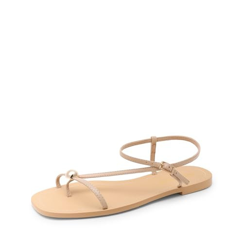 DREAM PAIRS Women's Strappy Flat Sandals for Women Comfortable Open Square Toe Sandals Dressy Beach Thong Cute Wedding Summer Ankle Strap Sandals,Size 6.5,Nude,SDFS26001W | Amazon (US)