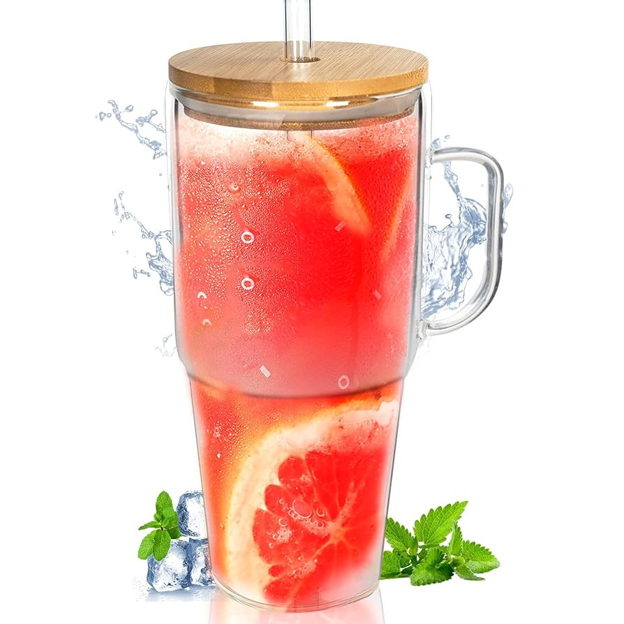 ANOTION Glass Cups with Lids and Straws - 40 Oz Tumbler with Handle and Straw Glass Water Bottles... | Amazon (US)