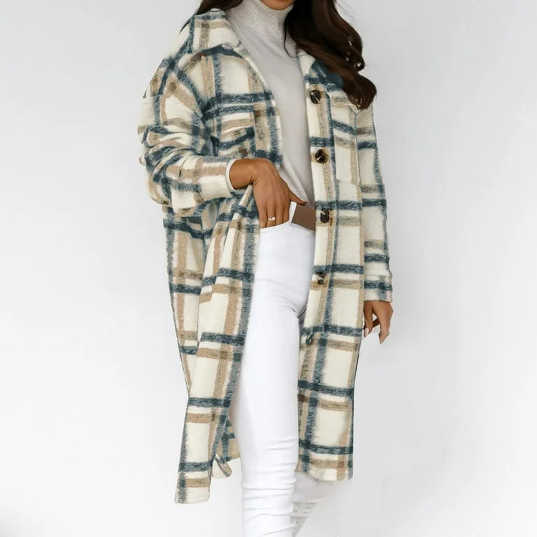 time and tru Women Coats and Jackets Clearance Womens Plaid Long Wool Coat Shacket Jackets Long S... | Walmart (US)