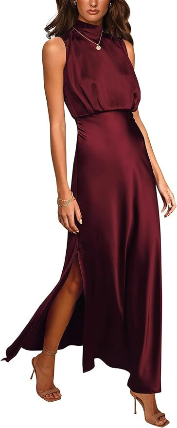 PRETTYGARDEN Women's Long Formal Satin Dress Mock Neck Sleeveless Side Slit Flowy Maxi Tank Dress... | Amazon (US)