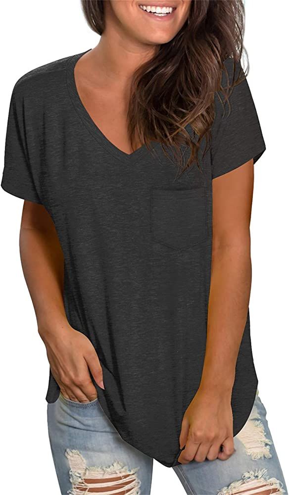 WEESO Womens V Neck Short Sleeve Tops Loose Fit Summer Casual T Shirts with Pocket | Amazon (US)