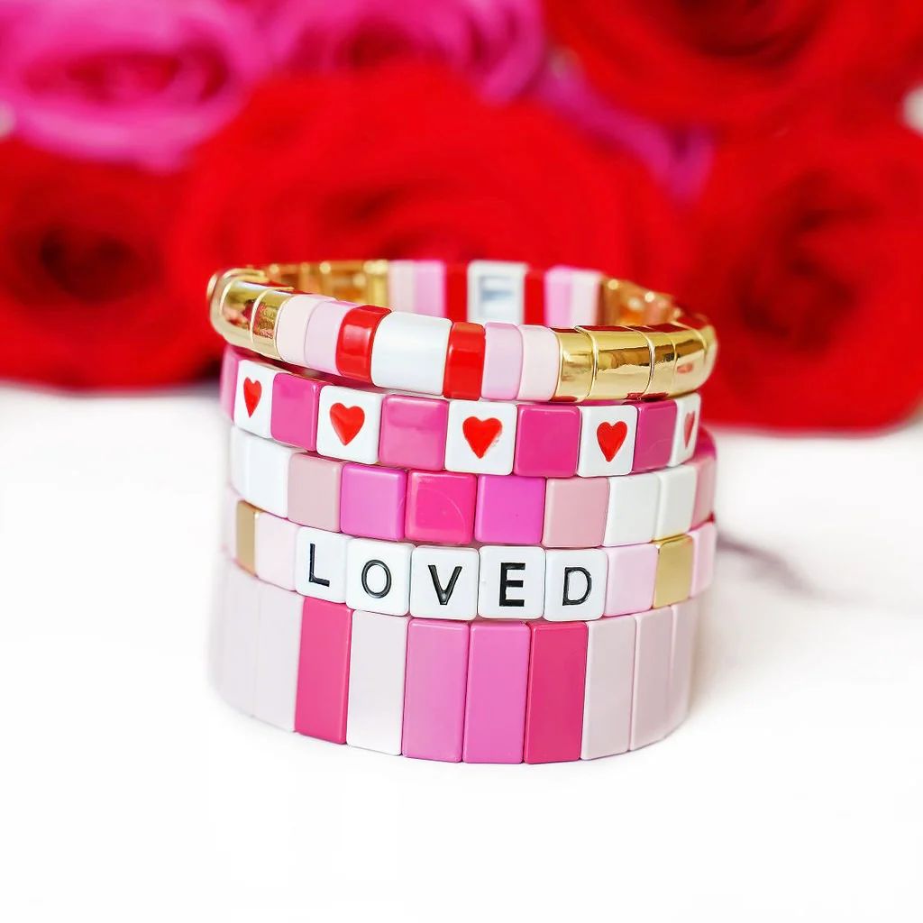 Pink with Red Hearts Tile Bracelet | Golden Thread