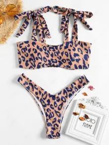 High Leg Tie Shoulder Leopard Bikini | ZAFUL (Global)