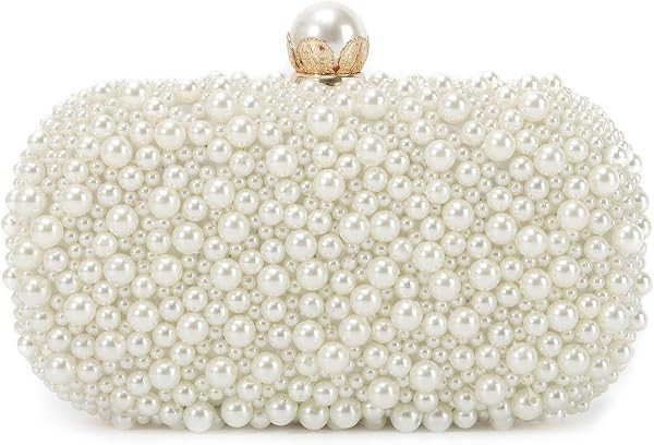 Women Pearl Clutch Purse White Beaded Bag Small Bridal Evening Handbag | Amazon (US)