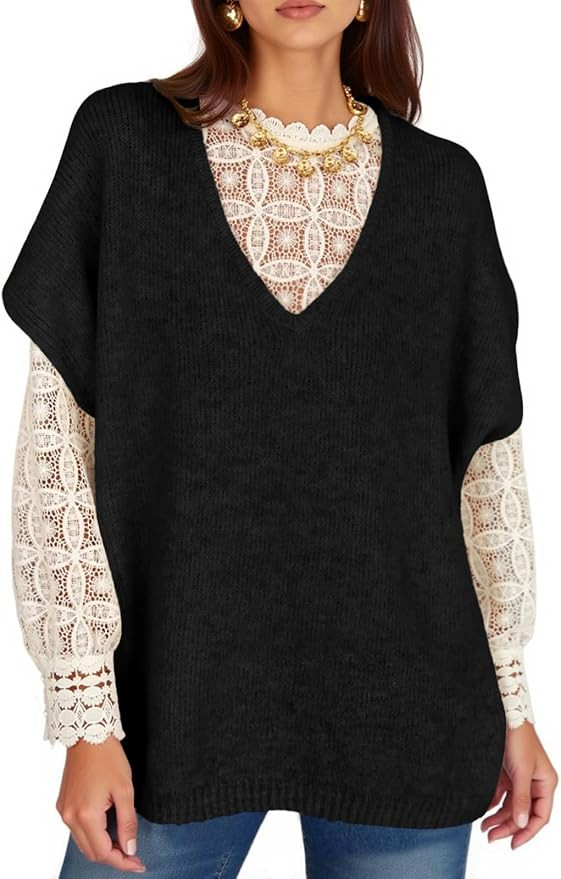 Yousify Womens Oversized Sweater Vest Batwing Short Sleeve V Neck Knit Tops Casual Loose Fit Pull... | Amazon (US)