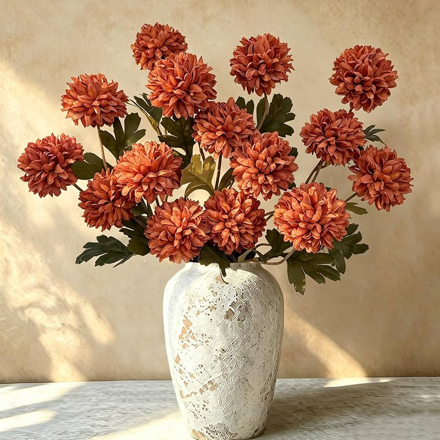 Thewe 6 Pcs Fall Flowers 27Inch Faux Pompon Mums Artificial Flowers for Vase Filler, Fake Mums Au... | Amazon (US)
