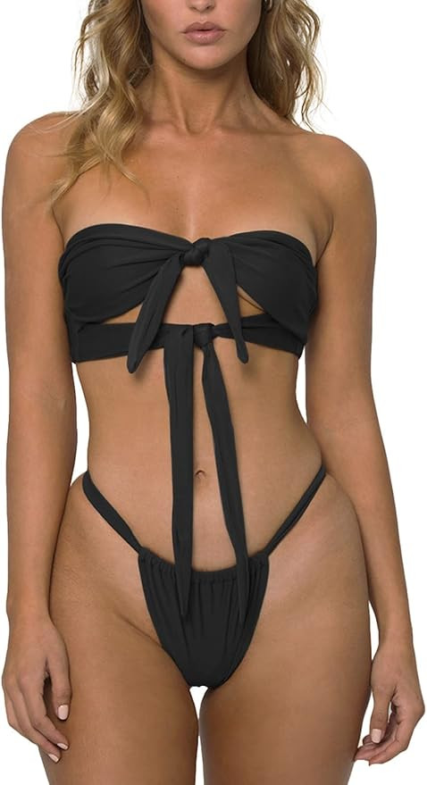 MIYOUJ Women's Thong Bikini Swimsuit Sexy Knot Front Bikini Sets Cheeky Bathing Suit with Removab... | Amazon (US)