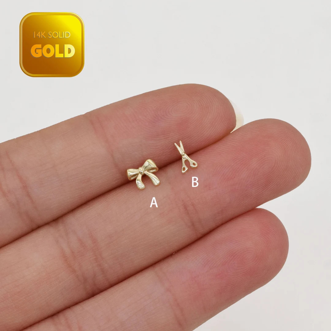 14K Solid Gold Dainty Ribbon Bow Stud Earrings Tiny Cute Toy Cartilage Stud Conch Helix Tragus Ea... | Etsy (US)