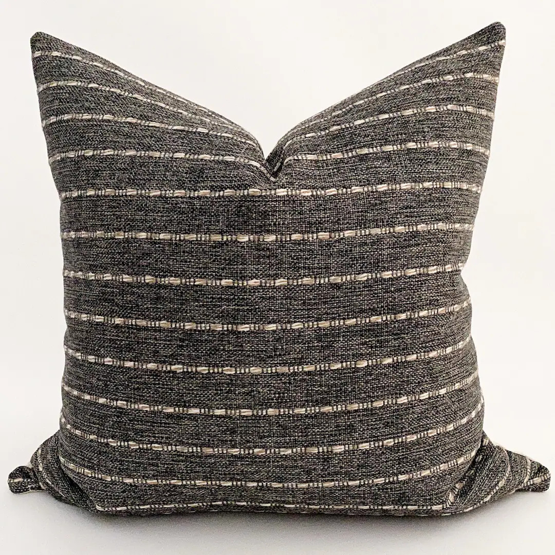 Eloa Charcoal Pillow Cover, Striped Pillow Cover, Neutral Pillows, Performance Fabric Pillows, De... | Etsy (US)