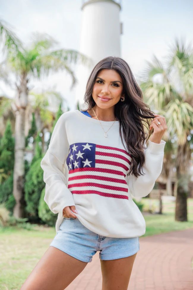 Home Of The Free Ivory Textured Flag Sweater | Pink Lily