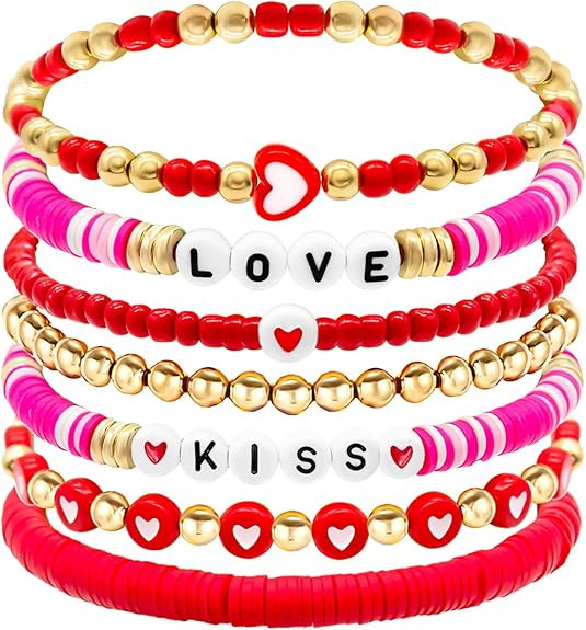 Ronglry Valentines Bracelet for Women Clay Bead Bracelet Heishi Surfer Bracelets Set Love Heart V... | Amazon (US)