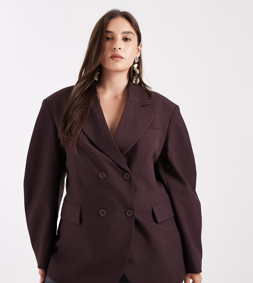 ASOS DESIGN Curve tailored cocoon sleeve double-breasted blazer in bitter chocolate-Brown | ASOS (Global)