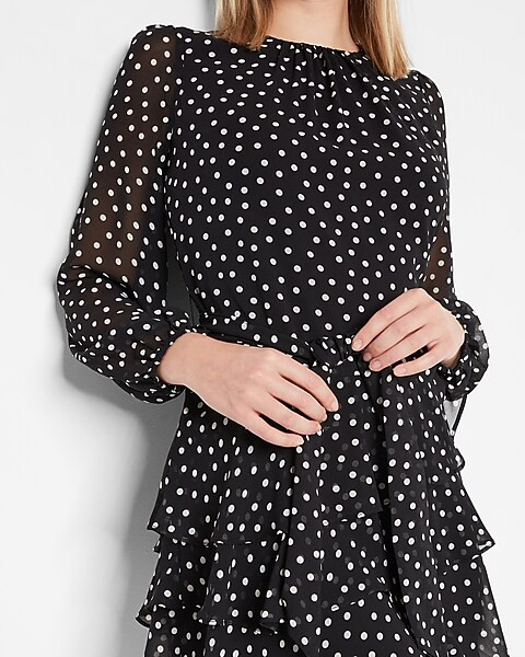 Polka Dot Long Sleeve Tie Waist Tiered Ruffle Dress | Express