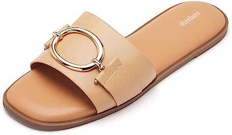 vodvob Women's Flat Sandals Fashion Square Open Toe Metal Chain Summer Dressy Sandals Slip On Cas... | Amazon (US)