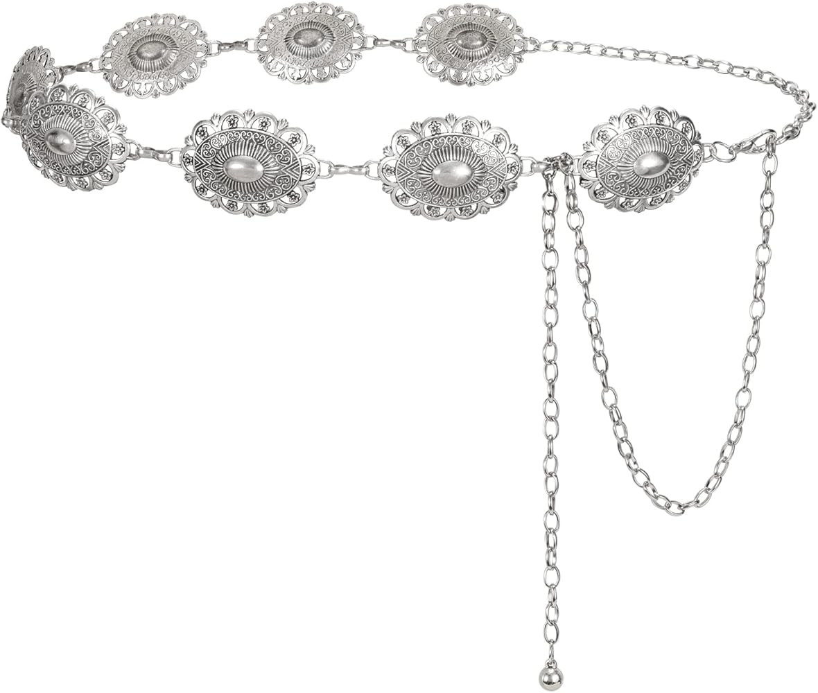 LEACOOLKEY Women Turquoise Concho Chain Waist Belt Silver Western Cowgirl Metal Chain Belt for Dr... | Amazon (US)