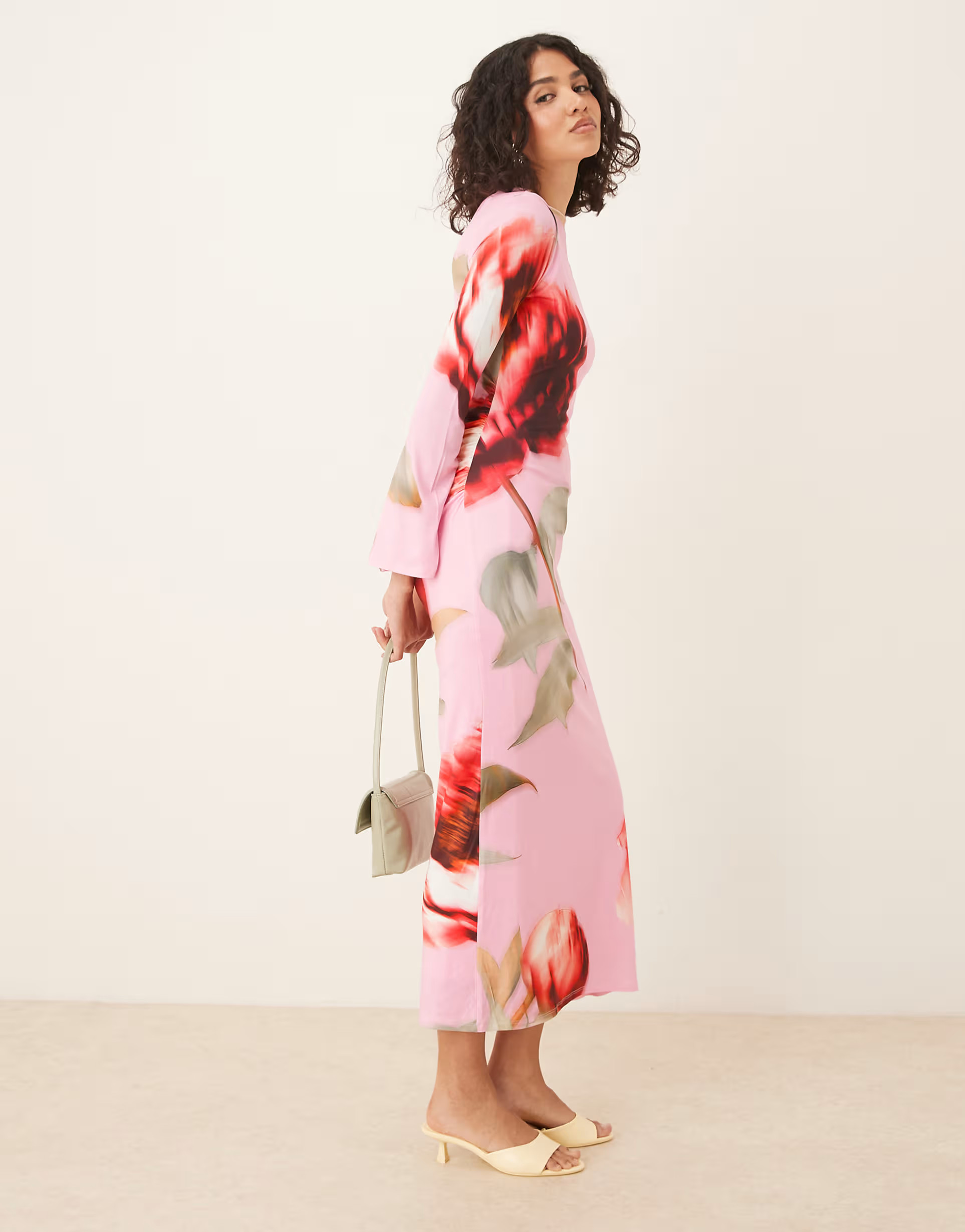ASOS DESIGN long angel sleeves midi dress in pink rose print | ASOS | ASOS (Global)
