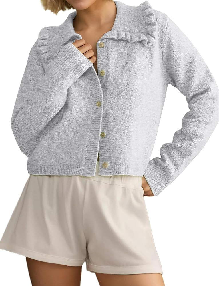 Women's Long Sleeve Cropped Sweaters Cardigan Button Down Ruffle Collar Lapel Knitted Blouse Fall... | Amazon (US)