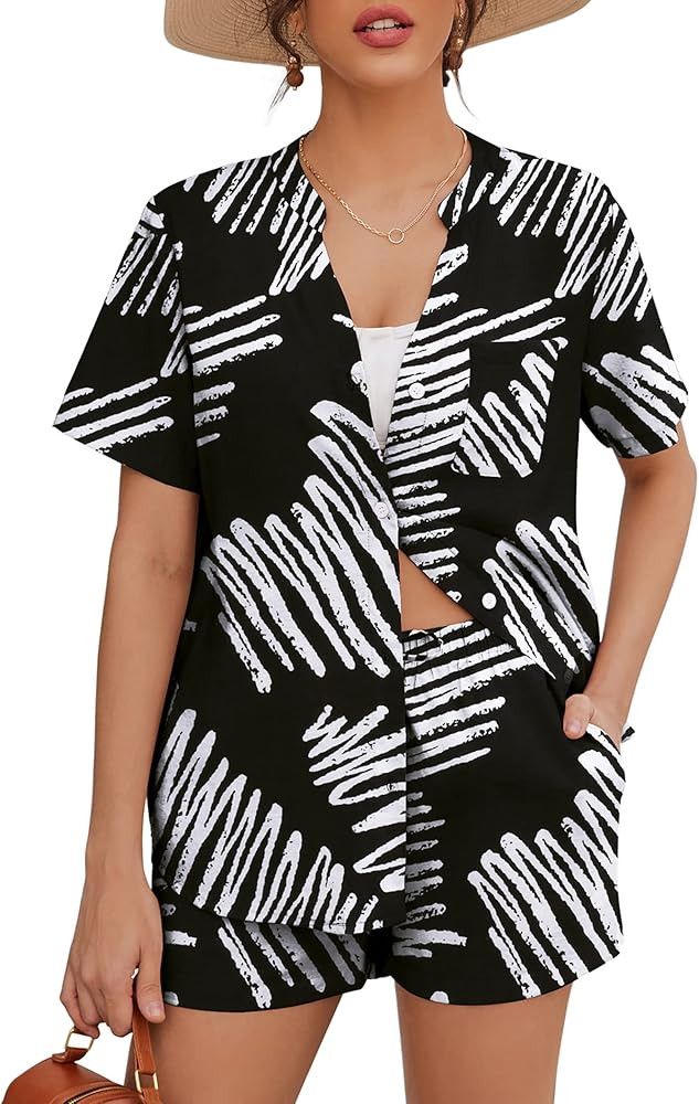 Ekouaer Women Loose Button down Printed Beach 2 Piece Shorts Set | Amazon (US)