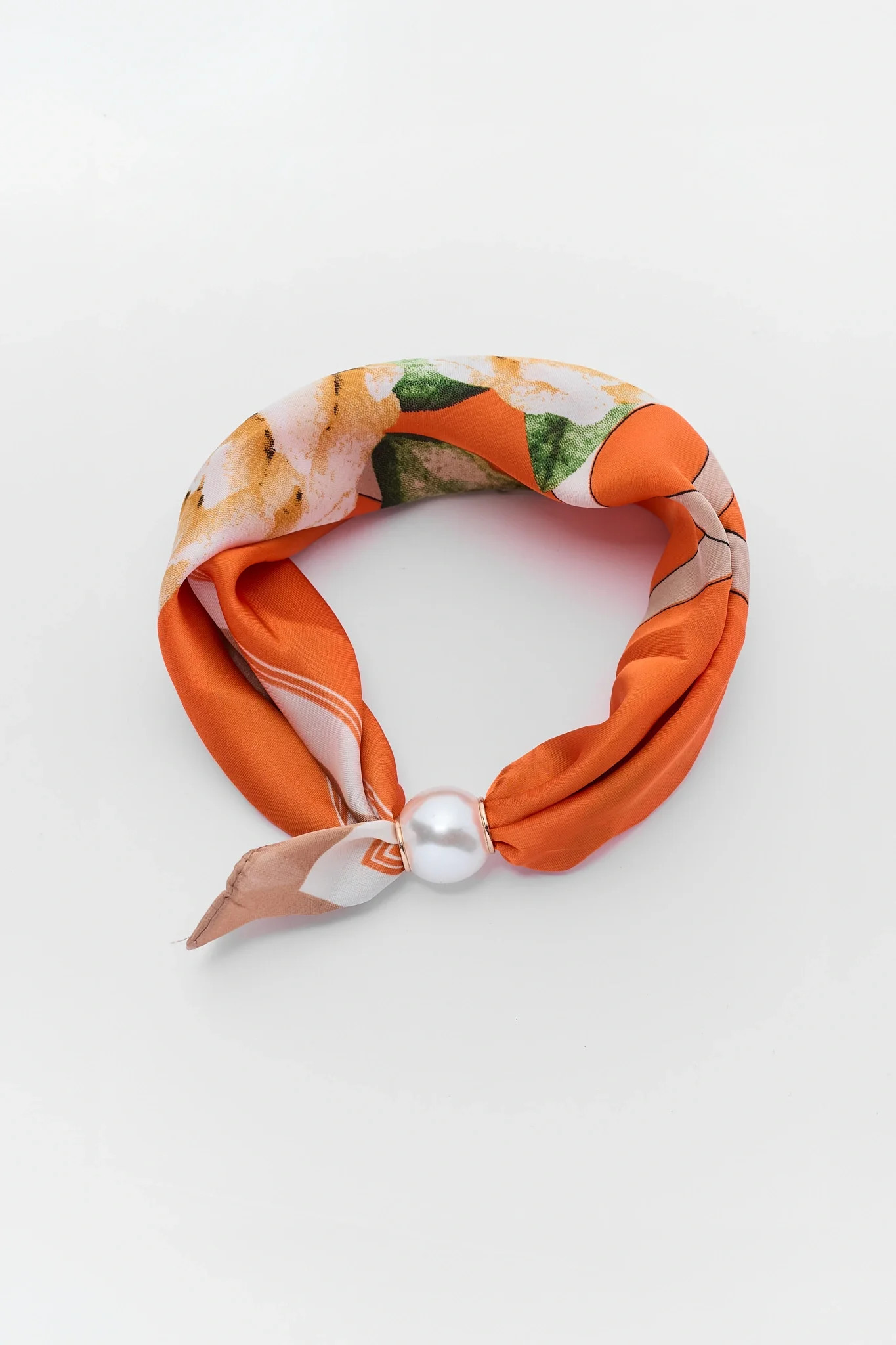 Orange Floral Print Magnetic Pearl Scarf | Avara
