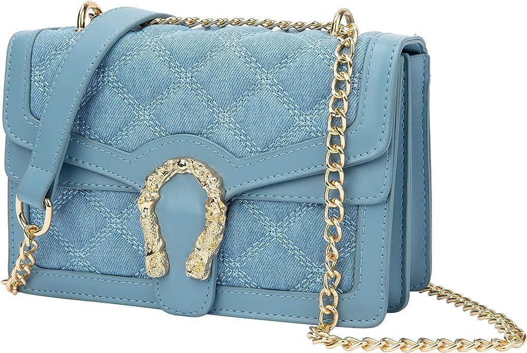 Quilted Crossbody Shoulder Bag for Women - Small Square Denim Handbag with Chain Leather Strap Fa... | Amazon (US)