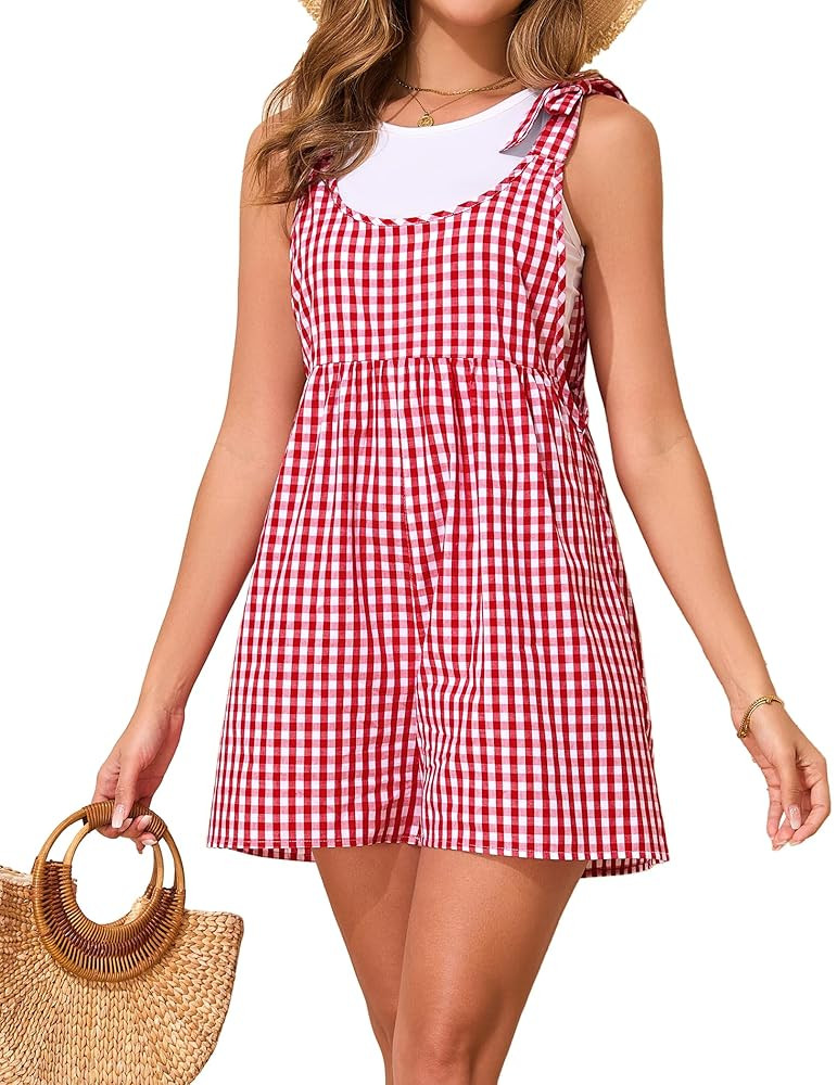 Summer Romper Casual Womens Jumpsuit with Cute Tie Shoulder Straps Loose Sleeveless Y2K Gingham O... | Amazon (US)