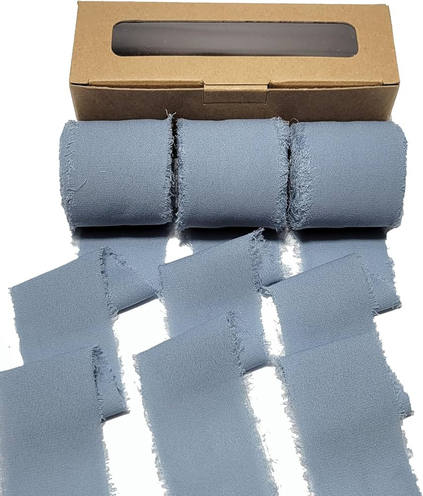 Dusty Blue Chiffon Ribbon 1.5”x 7 Yards, 3 Rolls Handmade Fringe Chiffon Silk Ribbons for Flowe... | Amazon (US)