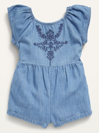 Embroidered Flutter-Sleeve Chambray Romper for Baby | Old Navy (US)