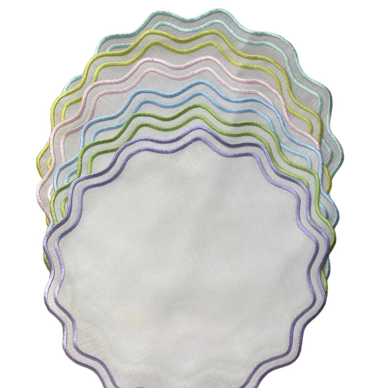 White Linen Medallion Placemats Colorful Wavy Embroidered Table Mats With Colorful Scalloped Edge... | Etsy (US)