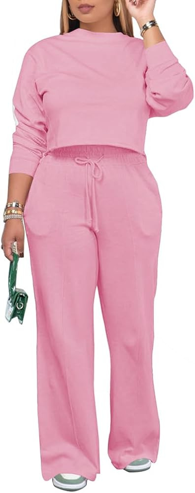 PINSV Women's 2 Piece Outfits Sweatsuit Set Long Sleeve Crop Top Drawstring Wide Leg Pants with P... | Amazon (US)