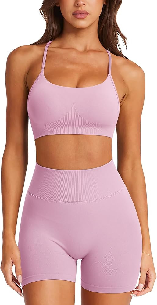 RXRXCOCO Workout Sets For Women 2 Piece Seamless Twist Back Sports Bra Butt Lifting Shorts Pilate... | Amazon (US)