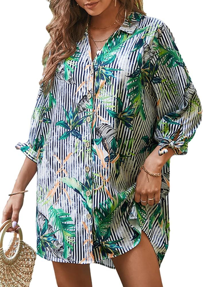 CUPSHE Women Floral Shirt Dress Cover Up Beach Dress 3/4 Sleeve Button Down Midi Length Dress Whi... | Amazon (US)