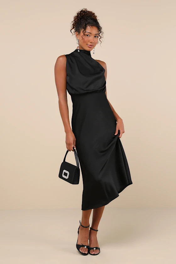 Distinctive Charm Black Satin Asymmetrical Midi Dress | Lulus