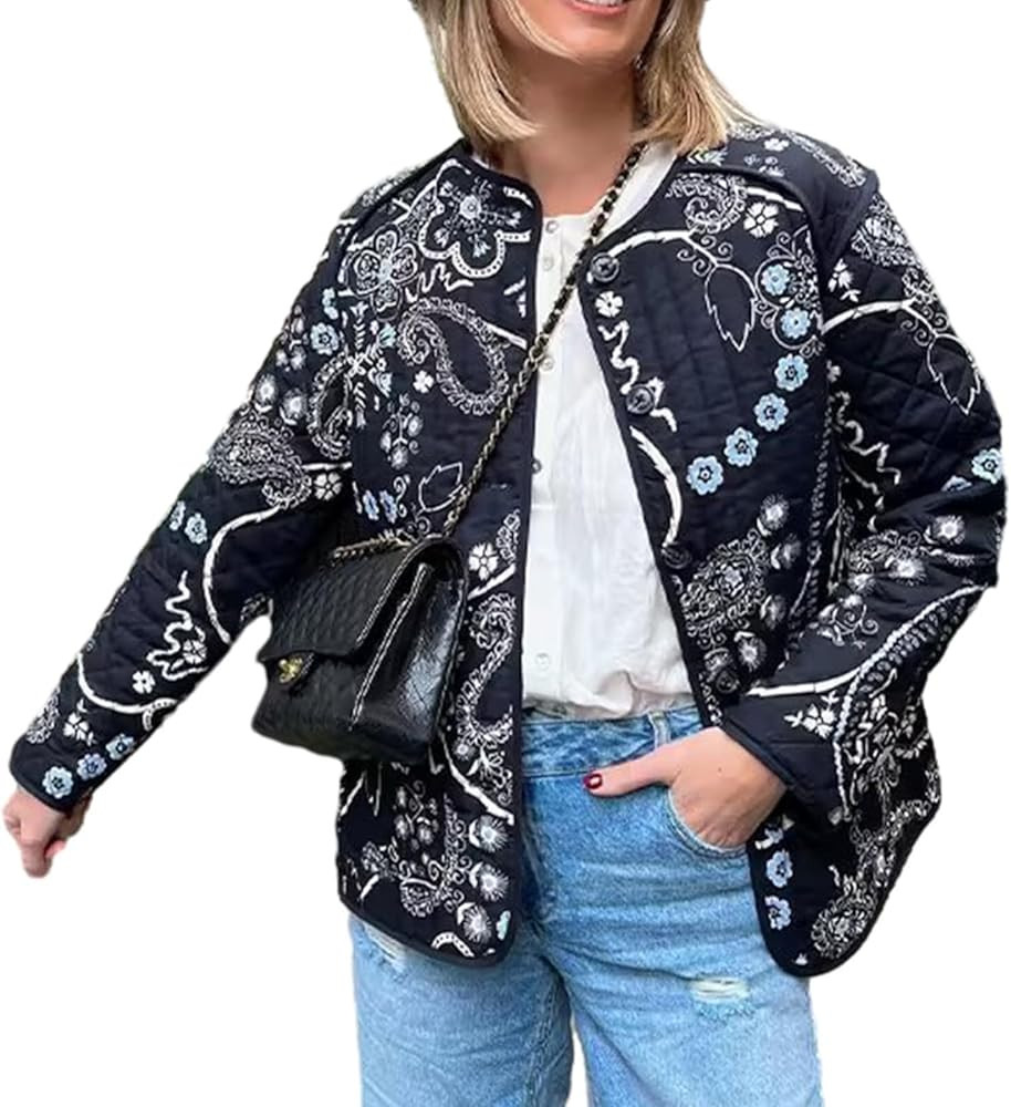 Women's Print Puffer Jacket Vintage Lightweight Quilted Coat Winter Padded Coat | Amazon (US)