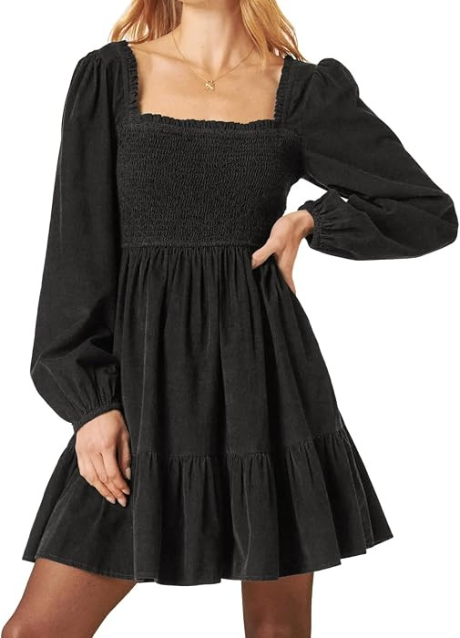R.Vivimos Womens 2026 Fall Corduroy Cotton Long Sleeve Square Neck Elastic Smocked A-Line Ruffle ... | Amazon (US)