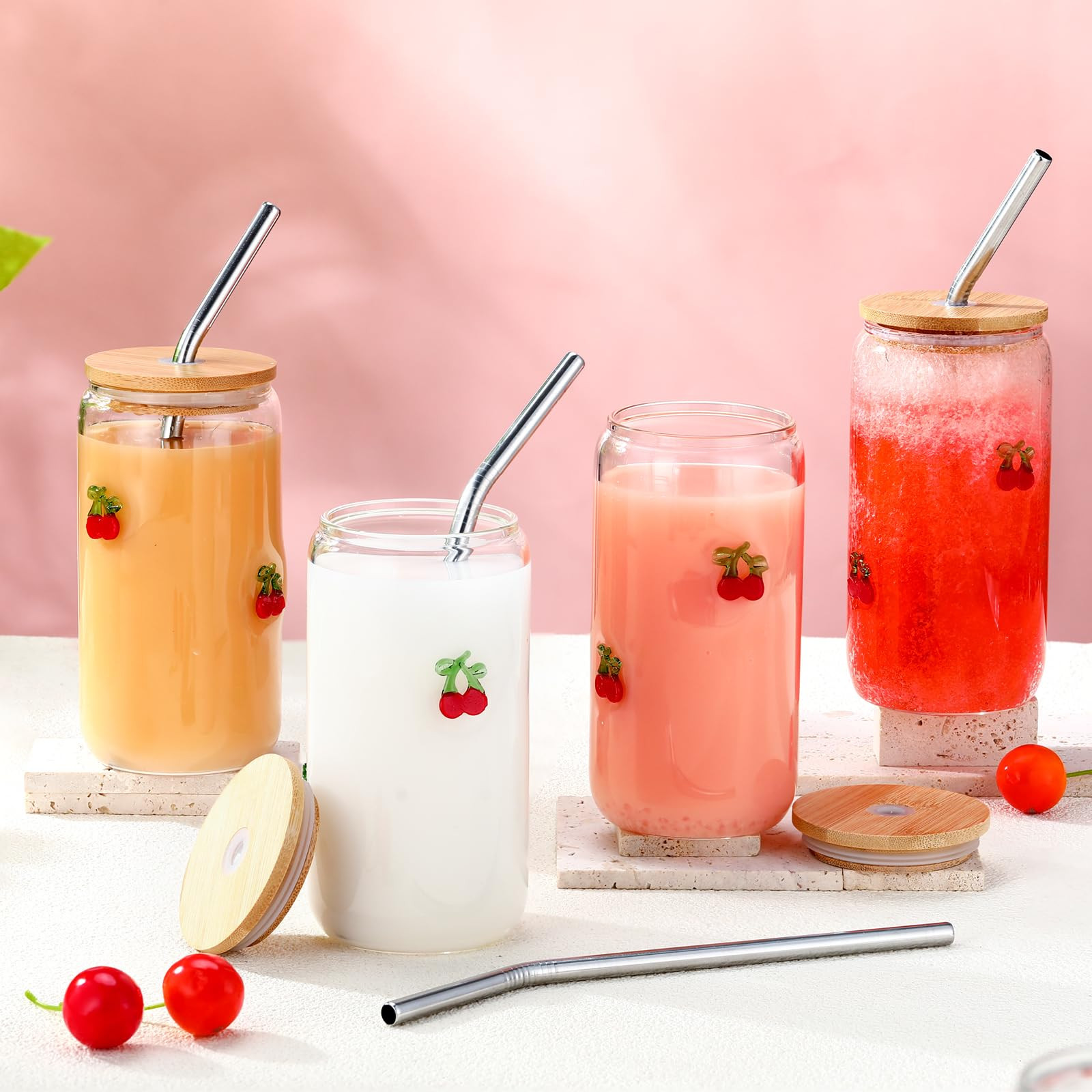 Meanplan 4 Pcs Icon Juice Glass Tumblers - 17 oz Strawberry Icon Glass Cups with Lid, Straw and C... | Amazon (US)