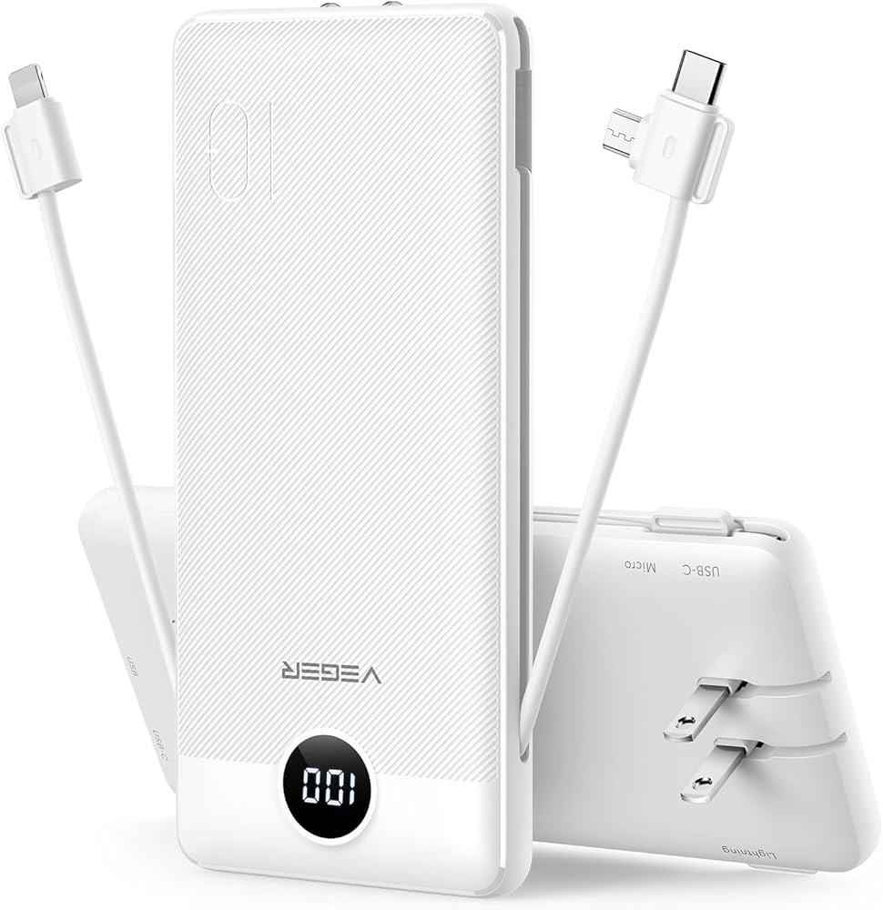 VEGER Portable Charger for iPhone Built in Cables and Wall Plug, 10000mah Slim Fast Charging USB ... | Amazon (US)